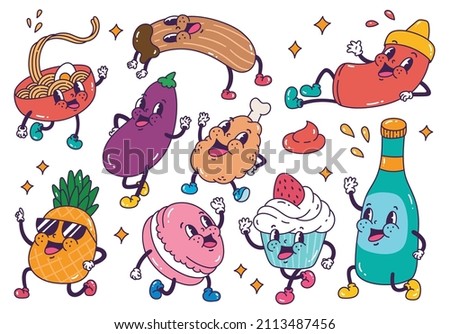 Set of Retro Cartoon Food Vector Clip Art Isolated on White Background