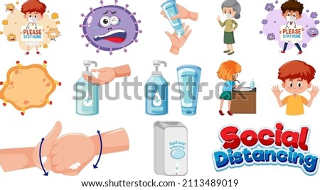 Cartoon character and Coronavirus vaccination isolated objects illustration