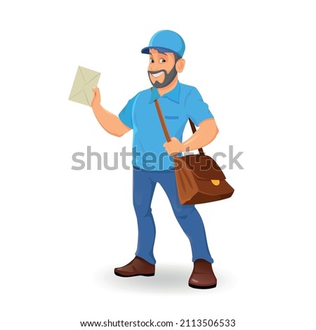 Cartoon postman holding mail and bag on white background Royalty-Free Stock Photo #2113506533