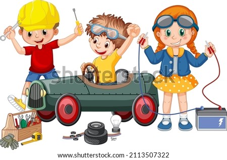 Children repairing a car together illustration