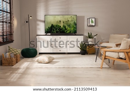 Cozy room interior with stylish furniture, decor elements and TV set Royalty-Free Stock Photo #2113509413