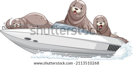 Seals on speed boat in cartoon style illustration