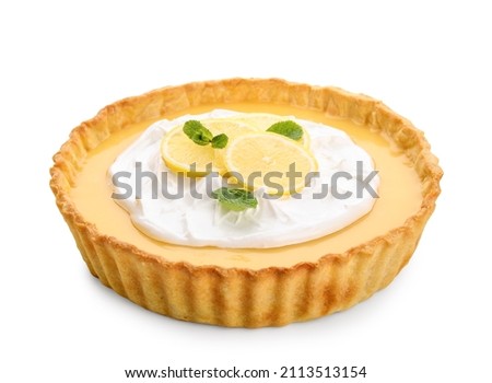 Delicious lemon tart on white background