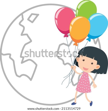 Little girl holding colourful balloons illustration