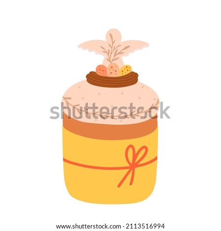 Easter cake, dessert with decor in the form of a nest with eggs and an angel. Vector Illustration for backgrounds, greeting cards, posters, textile and seasonal design. Isolated on white background.