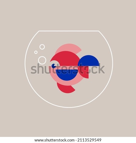 Vector isolated illustration of a colorful geometric fish with bubbles in a white line fish tank on a light beige background. Home animal, pet. Water. Simple flat art style