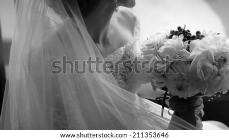 Young caucasian bride. Black and white wedding picture. 