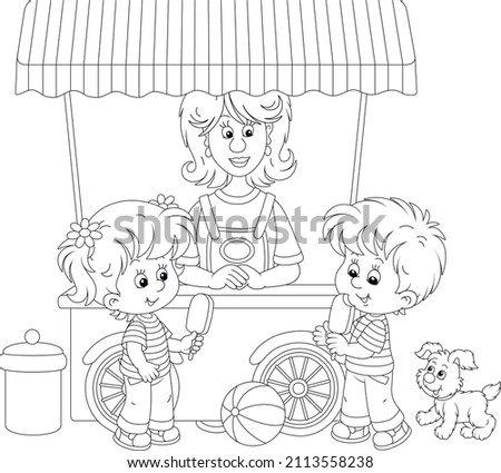 Happy little kids with chocolate ice cream on a stick near a street ice-cream cart and smiling girl vendor in a summer park, black and white outline vector cartoon illustration for a coloring book