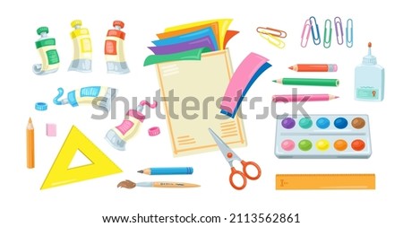 Set of school supplies for children's creativity. Color paper, scissors, glue, paints, pencils, rulers and paper clips. In cartoon style. Isolated on white background. Vector illustration.