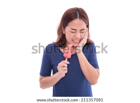 woman with hypersensitive teeth eating ice lolly, isolated on white background. Royalty-Free Stock Photo #211357081