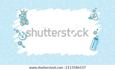 Baby Shower Background. Baby Arrival Cartoon Vector Illustration with Copy Space, baby icons and pattern. It is a boy.