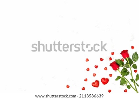 Red hearts and rose flowers decoration. Valentines Day background