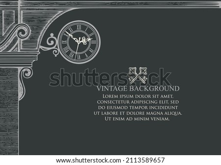 Vintage banner or background with round street clock, medieval arch, old keys and place for text on a black backdrop. Hand-drawn vector illustration in retro style, suitable for certificate or diploma