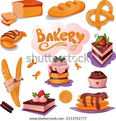 Vector elements for use on the bakery theme in a cute cartoon style. Use for postcards flyers web pages