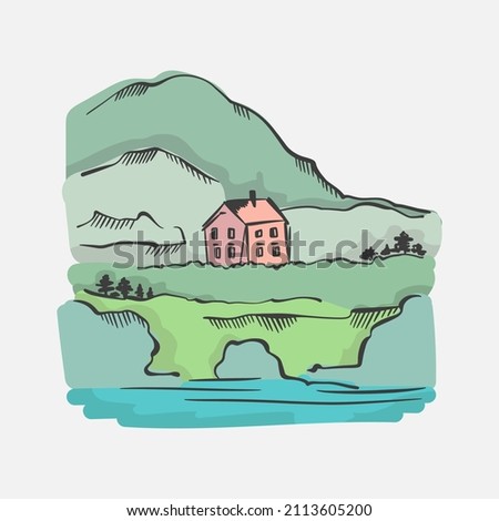 Rural landscape panoramic format with a house, small home, trees. Hand drawn Illustration in engraving style sketch doodle cartoon elements.