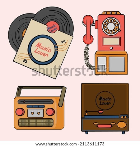 Vector Antique equipment design for graphic designer make card, website, banner, brochure, leaflet, placard, and print. Set contains vinyl, radio, telephone, record player