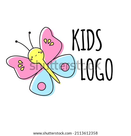 Kids logo template. Cute butterfly. Sign, label, icon for children design, advertisement and brand identity