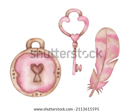 Watercolor illustration of hand painted key, padlock with heart key hole, bird feather brown and pink. Isolated clip art elements for postcard, wedding invitation. Love card for Valentine's Day