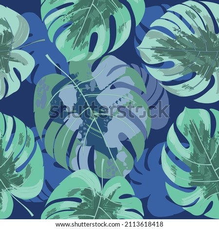 summer pattern with monstera leaves on navy blue background