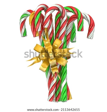 Candy canes tied with bow. Bundle of Xmas candy canes tied with golden tapes isolated against a white background. 3D illustration