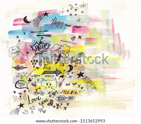 Hand drawn doodle background. Interesting elements drawing by black ink. Watercolor colorful splash background. Childish theme.
