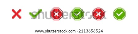 Pixel cross and check mark icon set. 8 bit retro button. Vector isolated flat