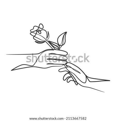 Continuous line art drawing of a hand holding flower. Hand holding flower one line art