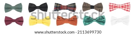 Set with different stylish bow ties on white background. Banner design