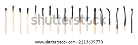 Set with burnt matches on white background. Banner design Royalty-Free Stock Photo #2113699778