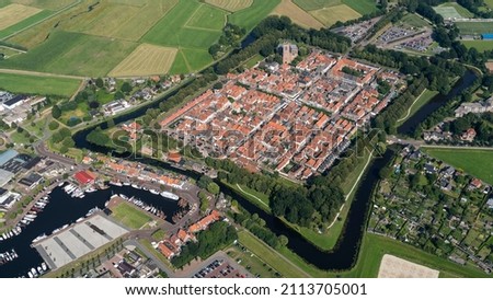 Aerial view of the fortified city of Elburg, Gelderland in the Netherlands. The town has a perfect square pattern.