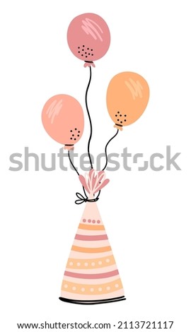 Illustration of a festive cap with balls. Simple cute style for kids. Universal use. Wall sticker, card, invitation, party decoration.