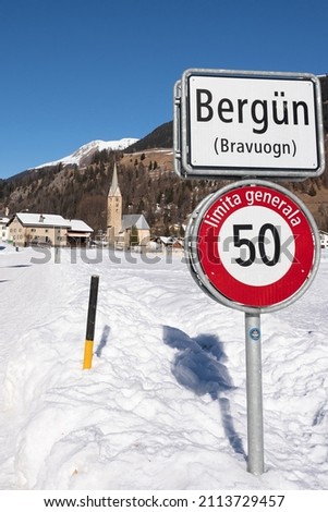 town sign in Bergün Switzerland on a sunny winter day