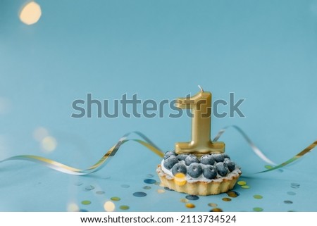a beautiful picture of a cupcake tart with blueberries with number one 1 candle on the top of it isolated on blue background. Festive Happy birthday mood. Card design idea. close up
