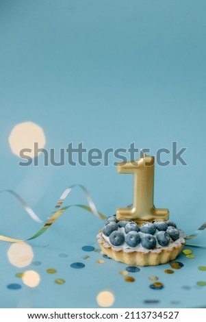 a beautiful picture of a cupcake tart with blueberries with number one 1 candle on the top of it isolated on blue background. Festive Happy birthday mood. Card design idea. close up
