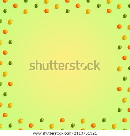 Pattern from lemon, lime and tangerine isolated on colorful background. In the center - free space for text
