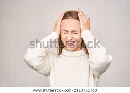 Young woman at office. Tired eyes. Female stress lifestyle. New normal education. Sad emotion. Headache concept. Pretty face person. Exhausted worker pain Royalty-Free Stock Photo #2113751768