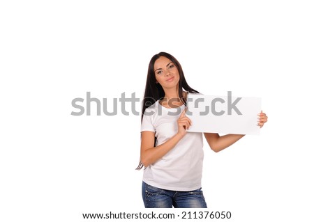 Beautiful girl holding a blank billboard isolated on white background 