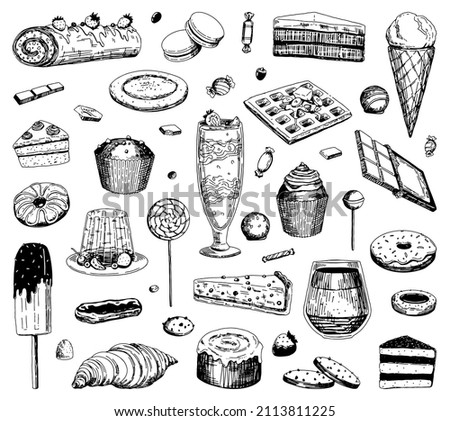 Set of sweet food sketches. Collection of varied delicious desserts. Hand drawn vector illustration in retro style. Outline cliparts isolated on white background.