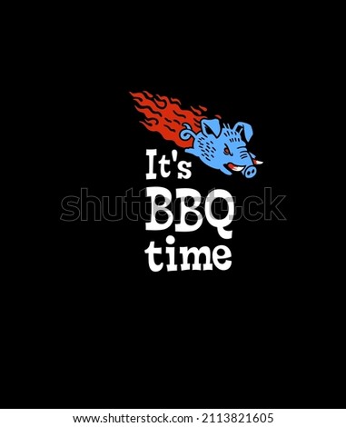 It's BBQ time, Flying Pig on black background, Cartoon character. Barbecue, restaurant logo, sticker, card, t shirt print	