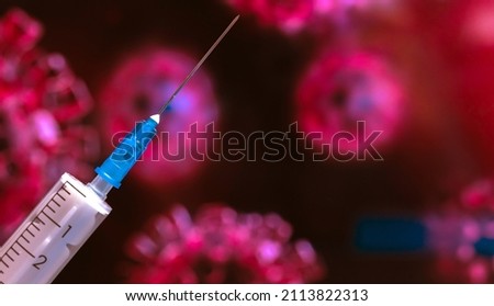 Coronavirus coivd-19 and omicron variant background. Syringe needle close-up, world epidemic and vaccination concept photo Royalty-Free Stock Photo #2113822313