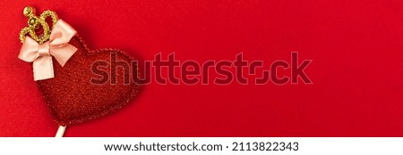 Valentines day heart on red background, banner and copy space. 14th February, love, greeting concept, top view