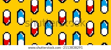 8 bit pixel pill. medication in a capsule. vector illustration. yellow background. isolated object. seamless pattern