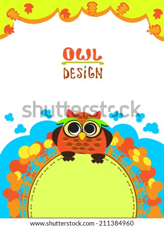 Cute vector page design with Owl and autumn trees silhouettes. Cartoon illustration. As frame, cover, background.