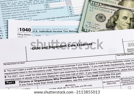 Child tax credit form. Tax credit, deduction and tax return concept. Royalty-Free Stock Photo #2113855013