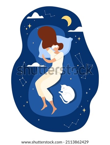 Woman sleeps in comfort. Dreams and rest, recuperation. Comfortable bed, quality furniture. Night starry sky and different constellations, fantasy and imagination. Cartoon flat vector illustration