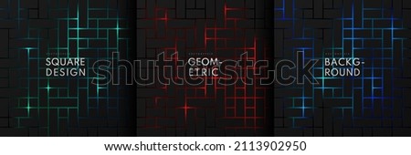 Set of black square pattern on illuminate red, blue and green neon abstract background in technology style. Modern futuristic geometric shape collection design. Vector illustration. Royalty-Free Stock Photo #2113902950