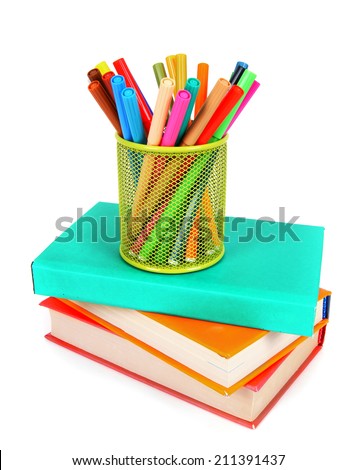 Books and pencils. On a white background.