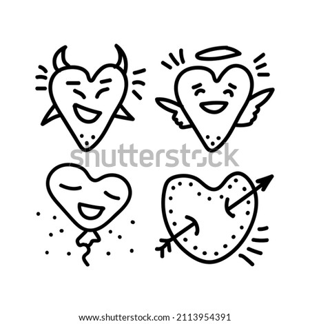 Valentines day Doodle set of icons Love Hearts. Demon and angel of love, heart-shaped balloon, cupids heart pierced by an arrow. Hand drawn Illustration for web, banner, card, print, poster, shirt.