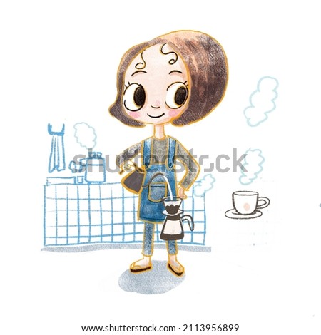 Cute hand drawn cartoon barista girl is dripping  coffee in coffee shop 