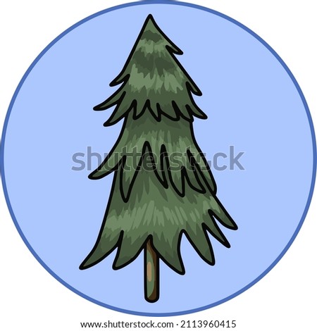 Vector illustration, high cartoon dark green Christmas tree, on a round blue background, design element, badge, emblem